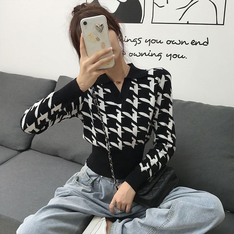 Sweater  all-match knitted sweater western style new women's autumn and winter short section long-sleeved houndstooth lazy style bottoming top