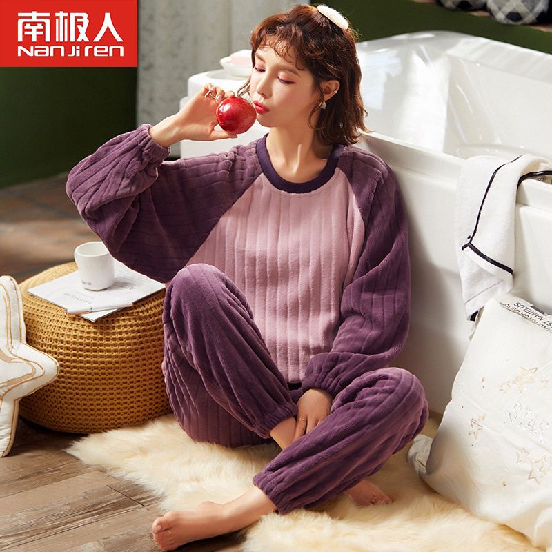 珊瑚絨睡衣女新款春秋冬季加厚冬天法蘭絨加絨家居服可外穿