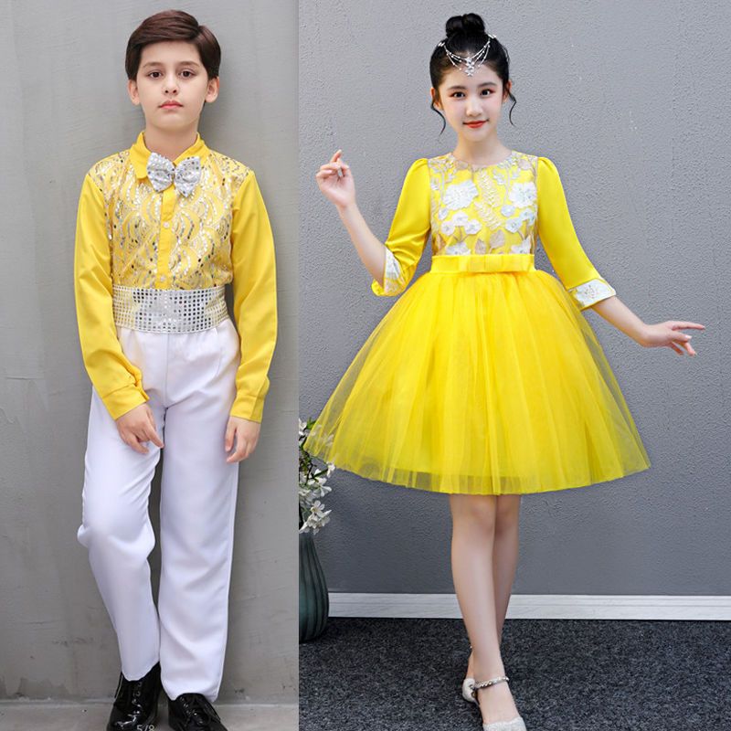 儿童大合唱男女童朗诵演出服装小学生黄色公主裙中大童少儿合唱团