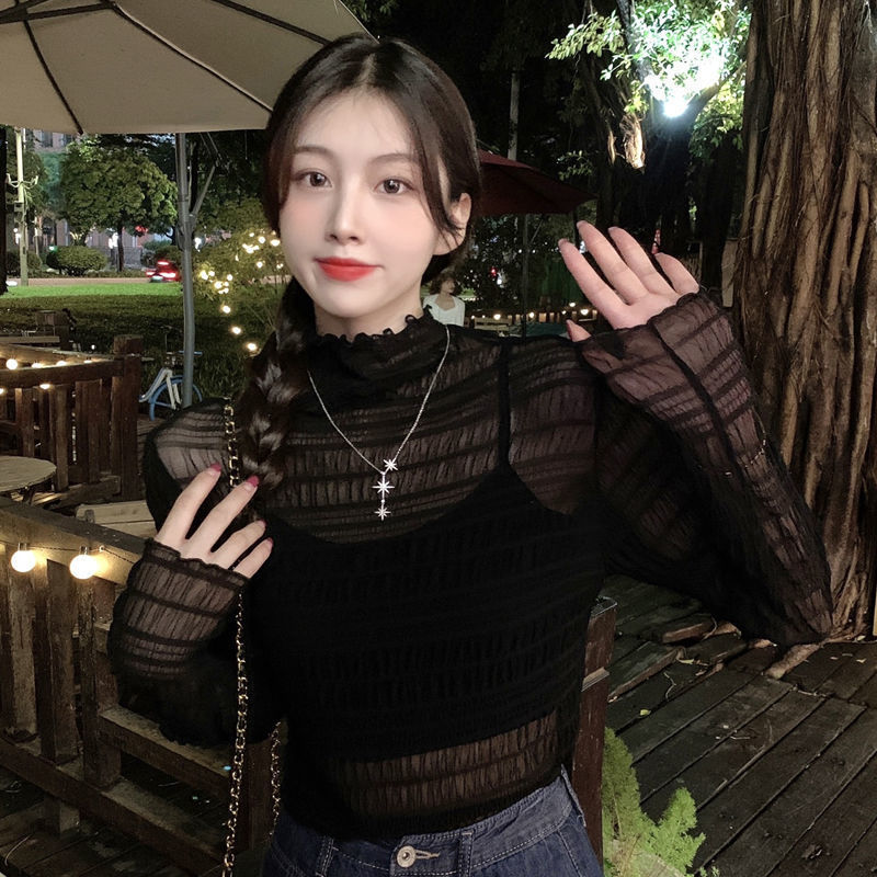 網紅蕾絲高領網紗打底衫女春秋2022新款長袖內搭毛衣小衫修身上衣