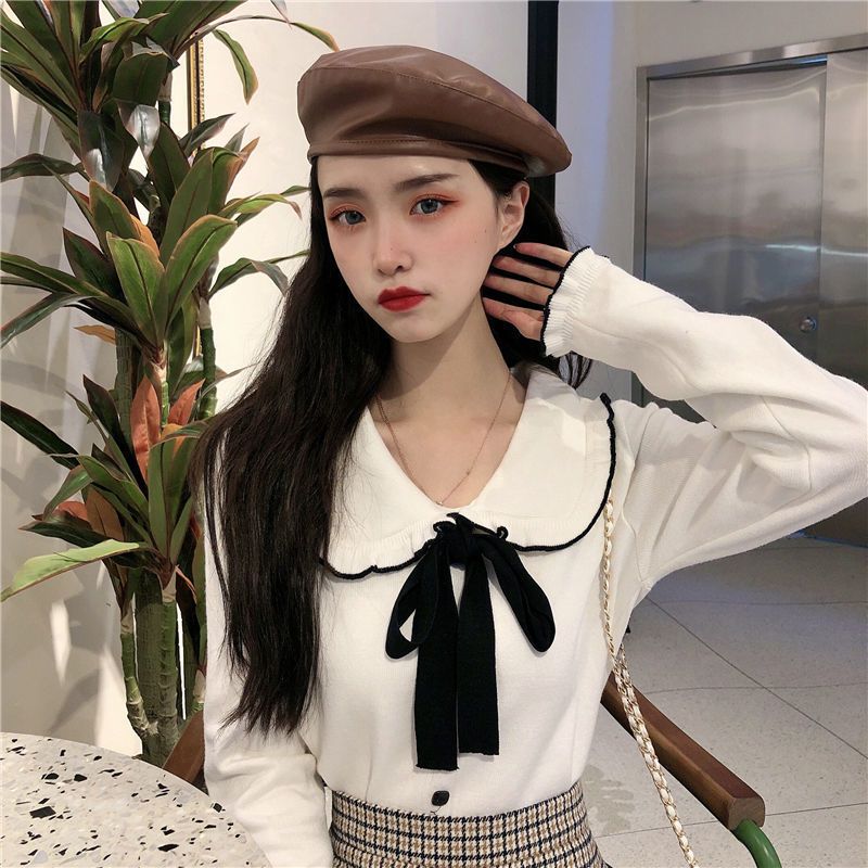 French style gentle wind sweet top Mori bowknit knitted bottoming shirt with autumn and winter doll collar sweater all-match