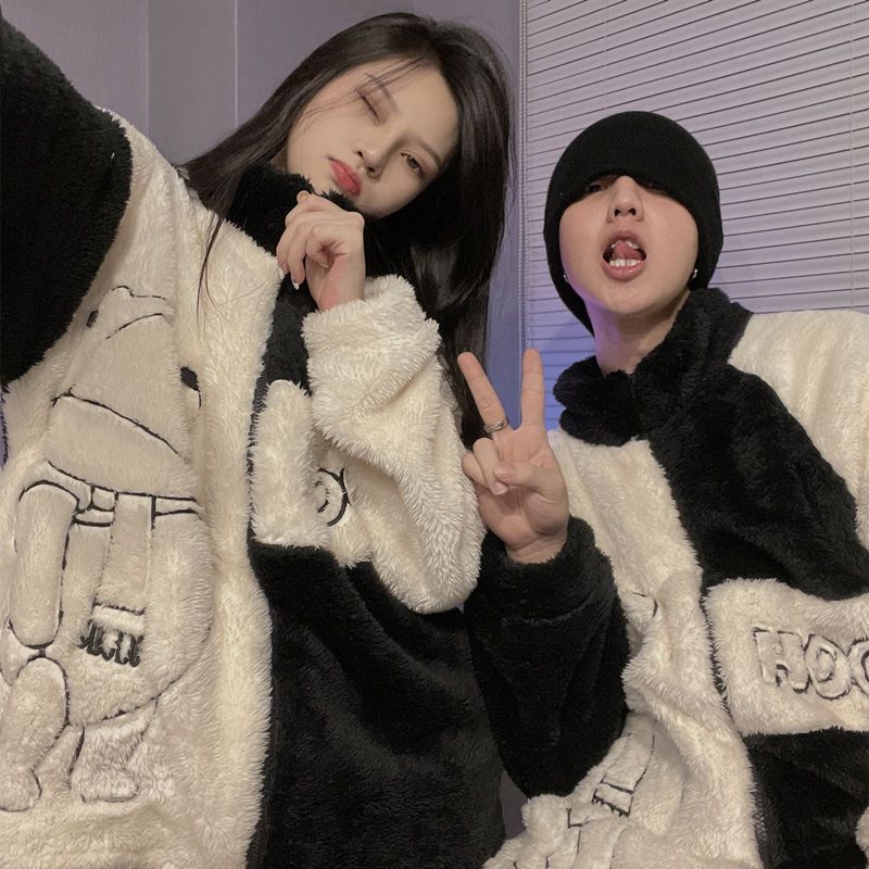 珊瑚絨情侶睡衣女士秋冬季男士可愛加厚法蘭絨冬天拉鏈家居服套裝