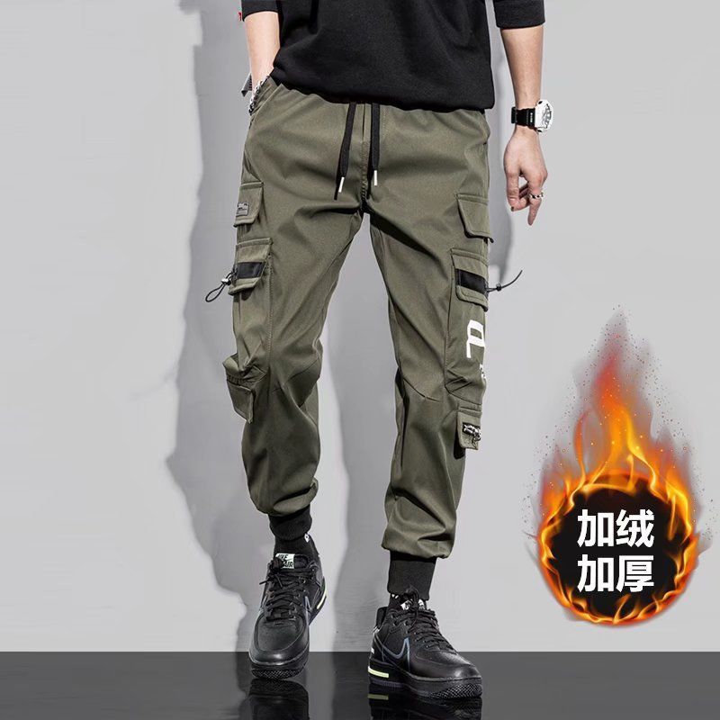 Trousers men's trendy brand ins overalls men's loose all-match trendy trousers winter fleece warm casual trousers 2