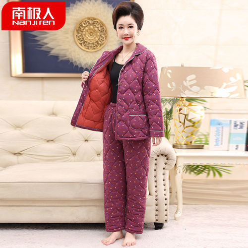 Middle-aged mother winter 100% Xinjiang pure cotton three-layer thickened quilted women's pajamas suit middle-aged and elderly home clothes