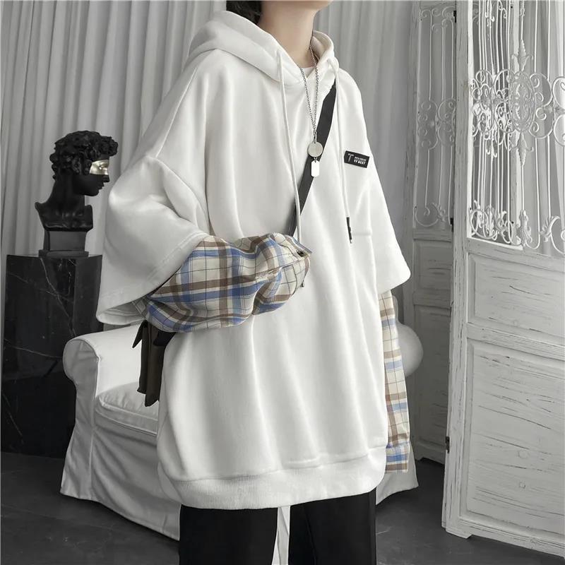 2022 new fake two-piece plaid hooded sweater women's autumn plus size student Korean version oversize coat top