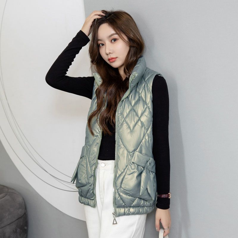 2022 autumn and winter short women's cotton vest Korean version loose and slim fashion all-match bright surface wash-free vest shoulder thickened cotton clothing
