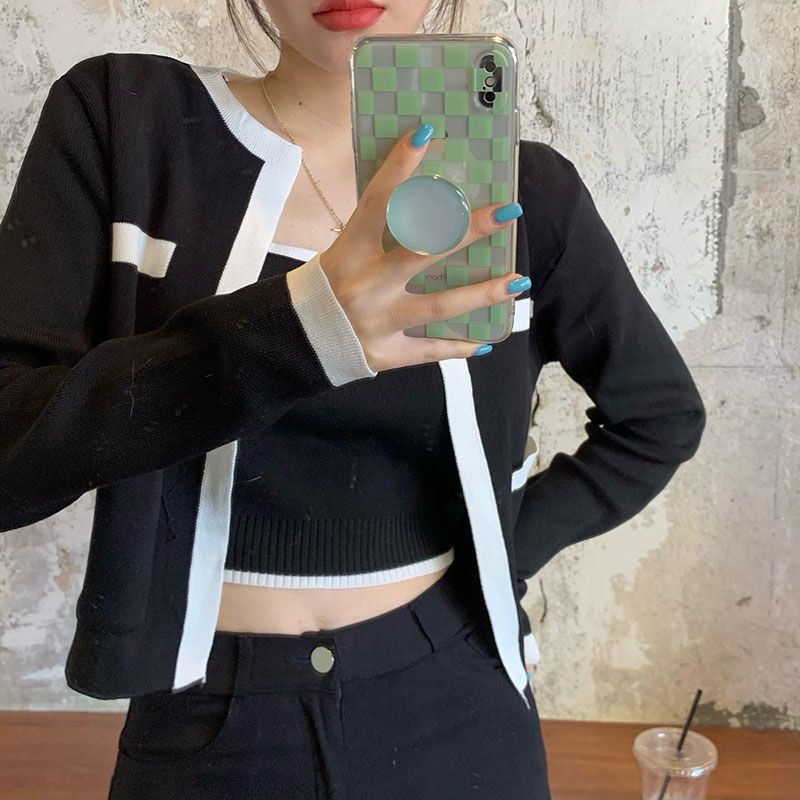 Hong Kong style suit female retro chic short cardigan jacket early autumn small vest top temperament fashion two-piece set