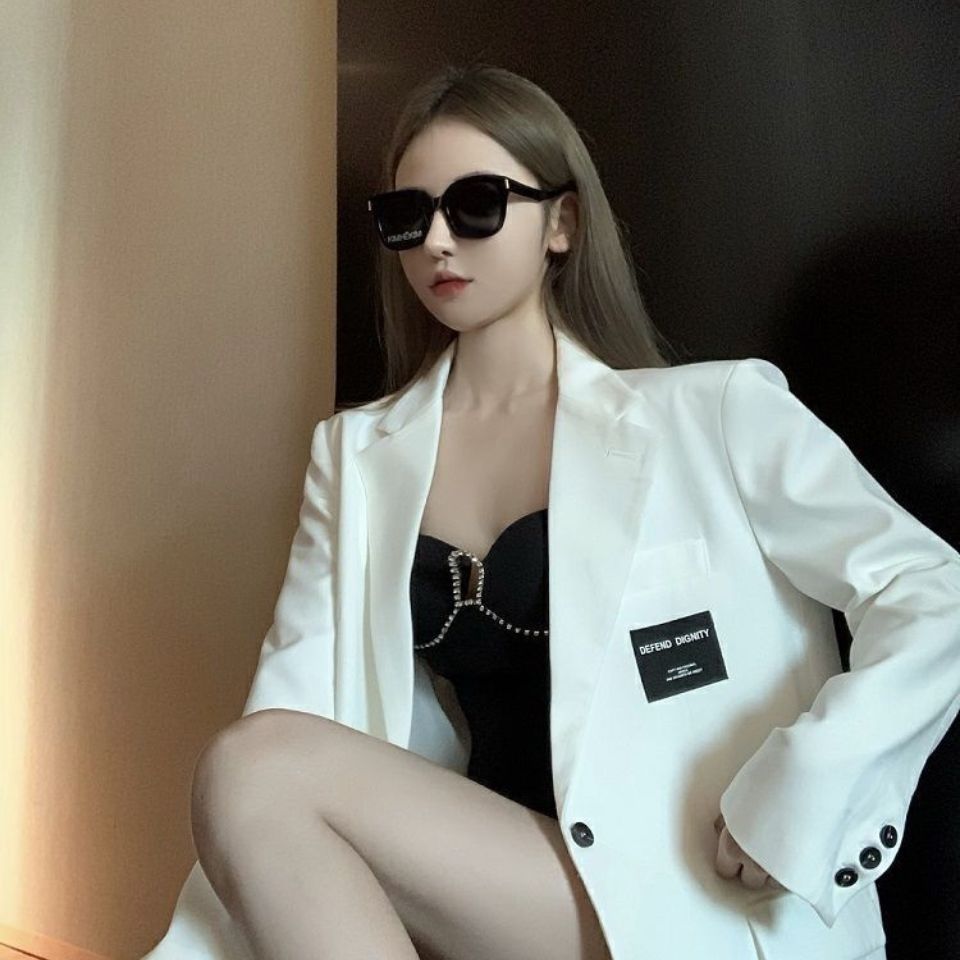 Hong Kong style white small suit jacket women's autumn  new fashion all-match loose mid-length suit jacket