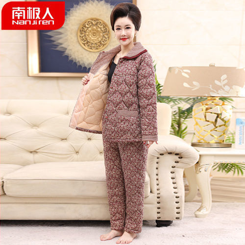 Three-layer thickened quilted 100% cotton pajamas mother middle-aged women winter middle-aged and elderly people warm home clothes