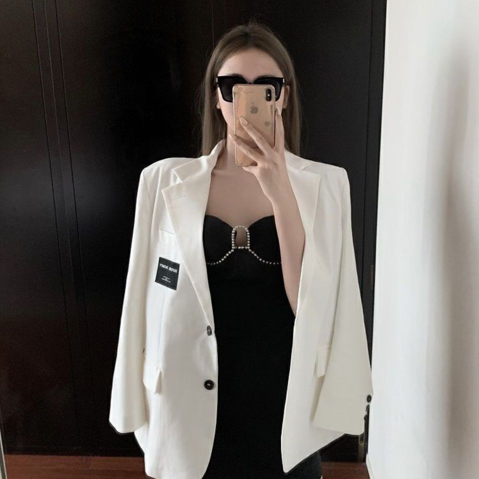 Hong Kong style white small suit jacket women's autumn  new fashion all-match loose mid-length suit jacket