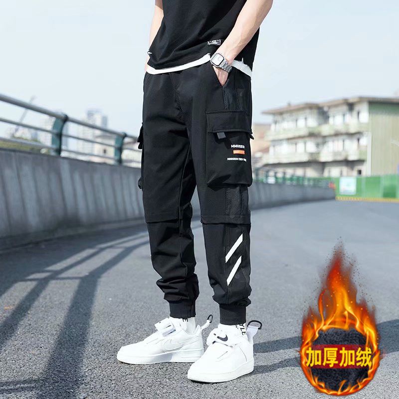 Trousers men's trendy brand ins overalls men's loose all-match trendy trousers winter fleece warm casual trousers 2