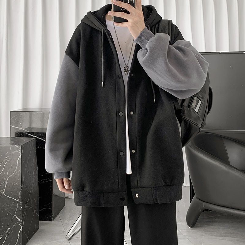 Cardigan sweater men's  autumn and winter plus velvet Korean style trend stitching loose Hong Kong style casual all-match hooded jacket men
