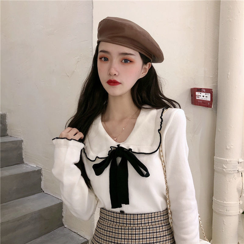 French style gentle wind sweet top Mori bowknit knitted bottoming shirt with autumn and winter doll collar sweater all-match