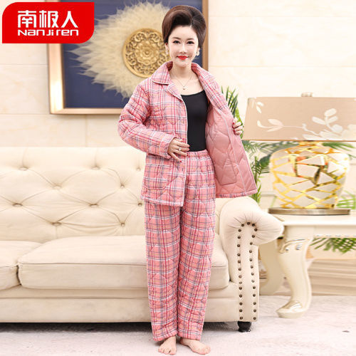 100% pure cotton quilted pajamas women's middle-aged and elderly mothers winter three-layer thickened plus size home clothes warm suit