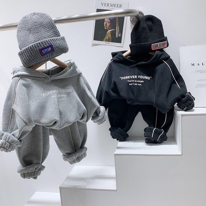 儿童加绒加厚套装2021冬装新款男女童洋气运动长裤宝宝保暖两件套
