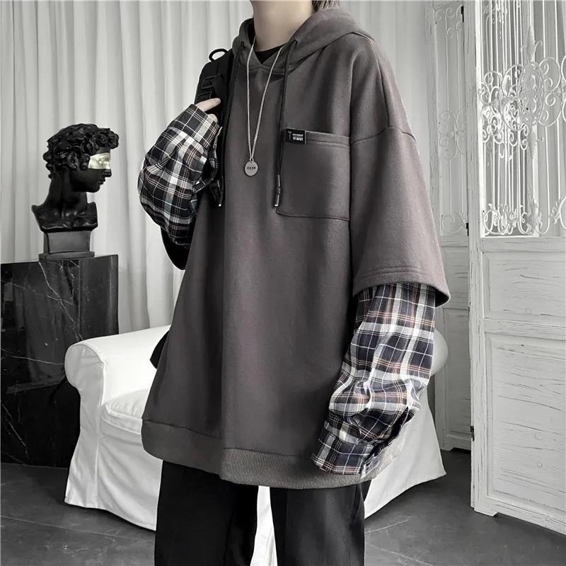 2022 new fake two-piece plaid hooded sweater women's autumn plus size student Korean version oversize coat top