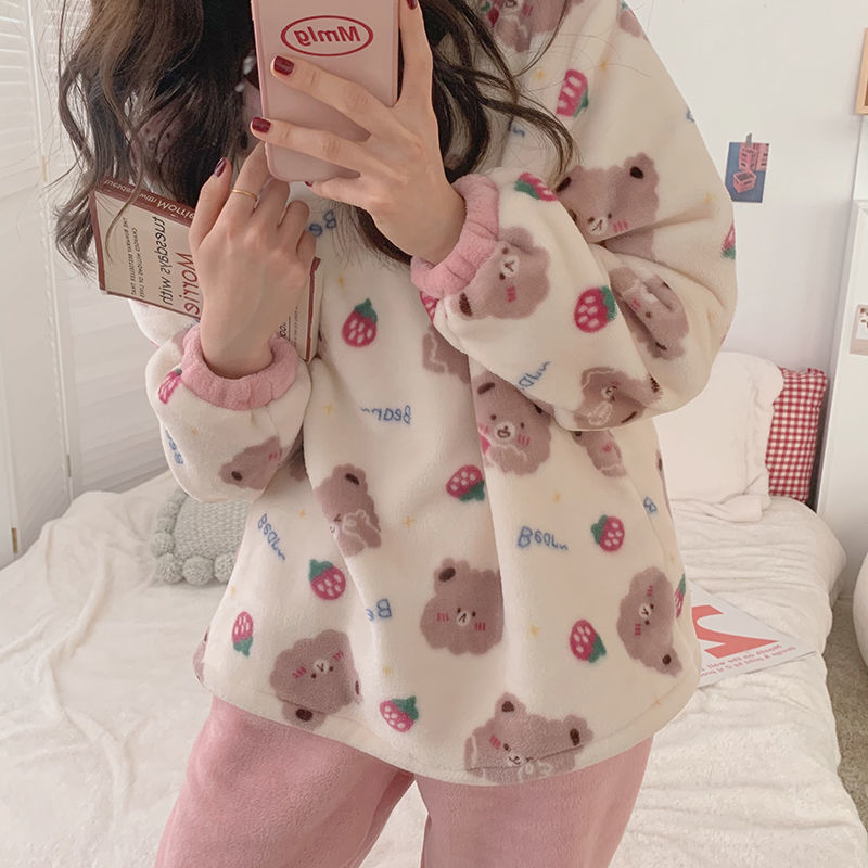 韓國ins睡衣女冬季加厚加絨珊瑚絨秋冬草莓小熊法蘭絨家居服套裝