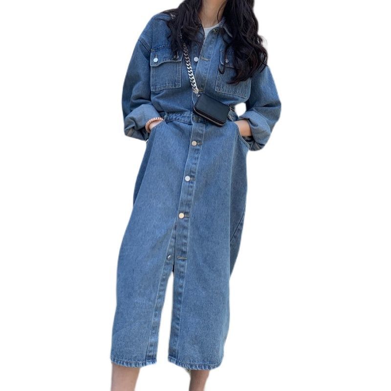 2023 Korean style slit skirt retro back slit pocket tooling casual non-limited style denim dress