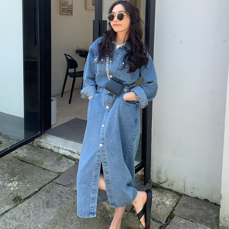 2023 Korean style slit skirt retro back slit pocket tooling casual non-limited style denim dress