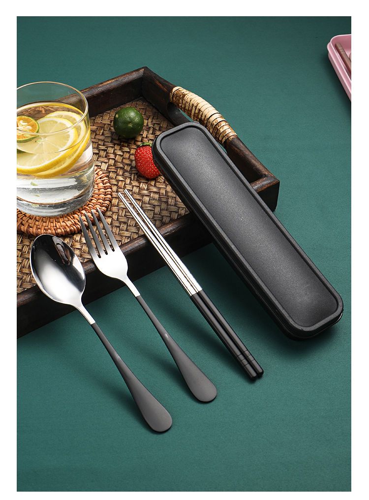 不锈钢筷子勺子套装便携餐具三件套学生儿童成人叉子单人收纳盒