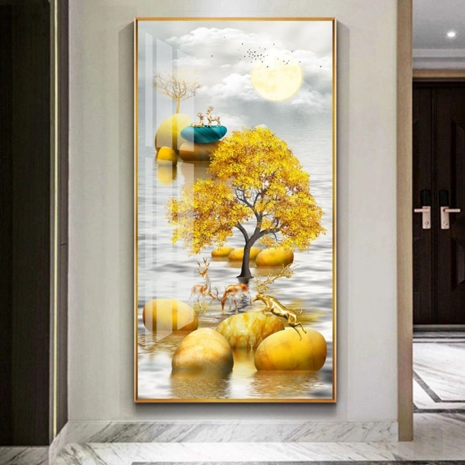 九鱼图风水招财入户玄关装饰画走廊过道轻奢有框挂画竖版晶瓷镶钻