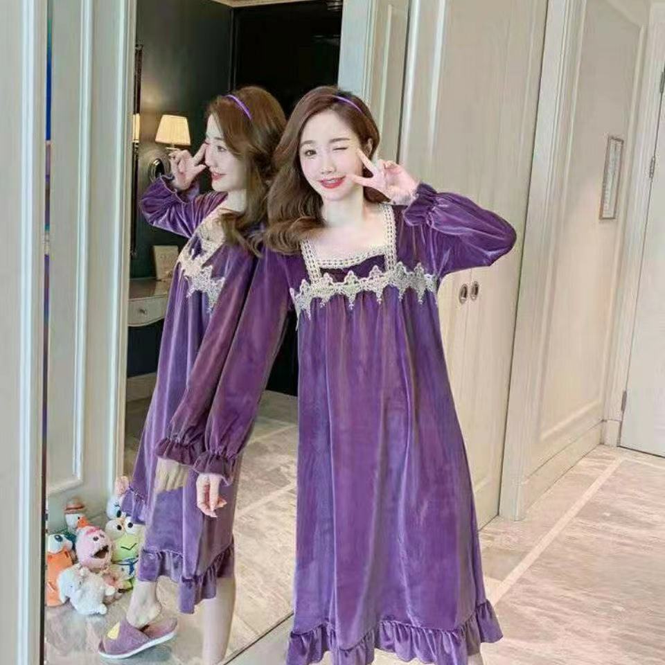 Gold velvet nightdress female spring and autumn long long sleeves thin section knee to ankle lace cute sexy pajamas