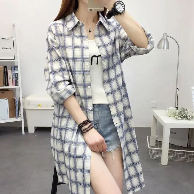 韓版時尚潮流襯衣女春秋新款休閒長袖格子POLO領中長款襯衫上衣