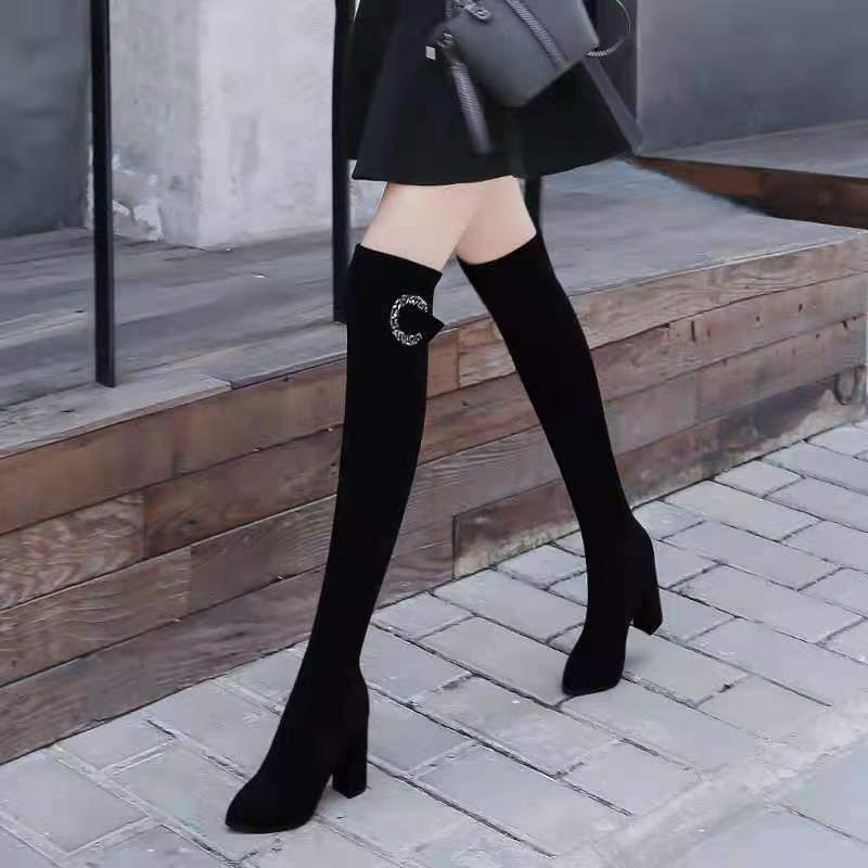秋冬加绒长靴过膝瘦腿高筒靴新款韩版粗跟弹力靴长靴子显高过膝靴