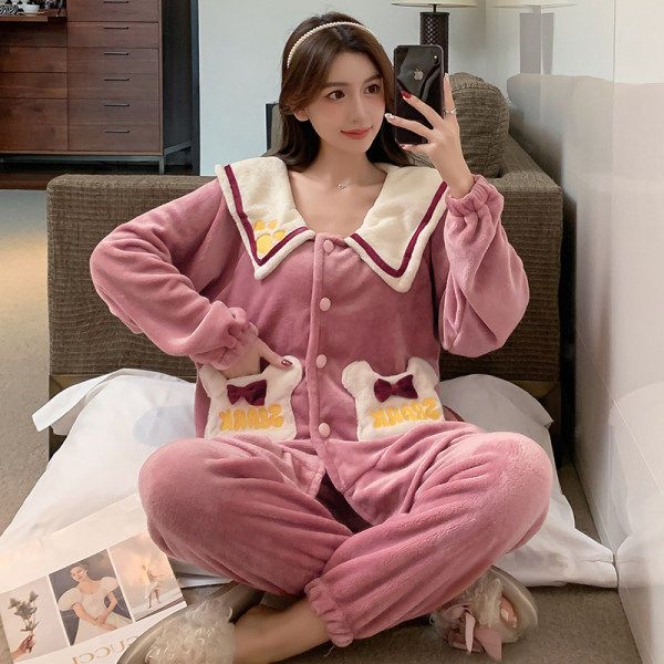 Thick flannel pajamas women's autumn and winter Korean version cute net red can wear coral fleece home service large size suit