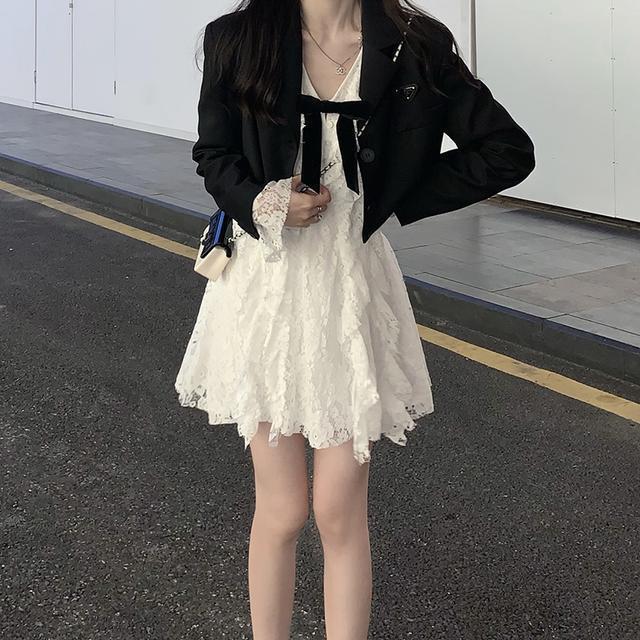 One Piece/Set Black Simple Short Suit Jacket Women + White Lace Bowknot Long Sleeve Dress