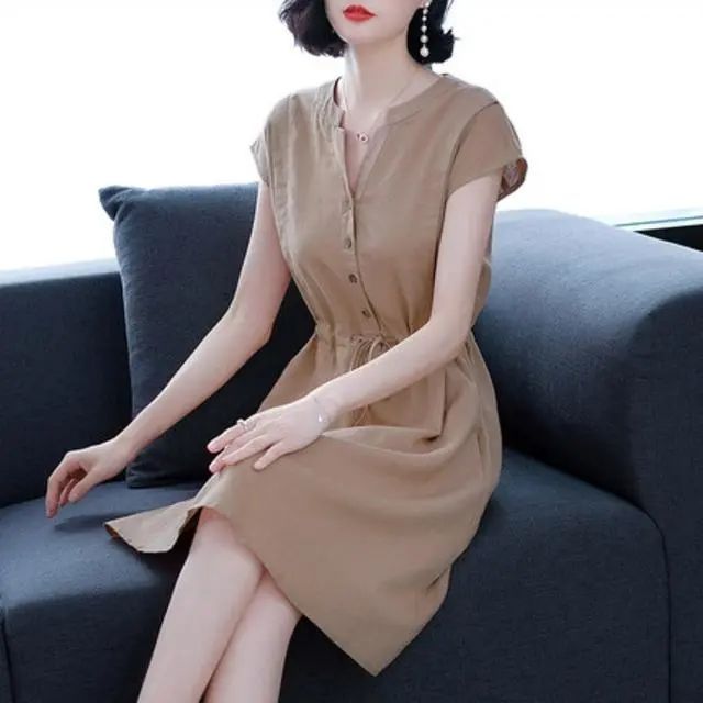 韩版棉麻连衣裙春夏女士新款短袖修身V领系带收腰中长款气质裙子