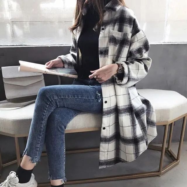 格子襯衫女長袖春秋季新款韓版寬鬆百搭襯衣中長款上衣POLO領外套