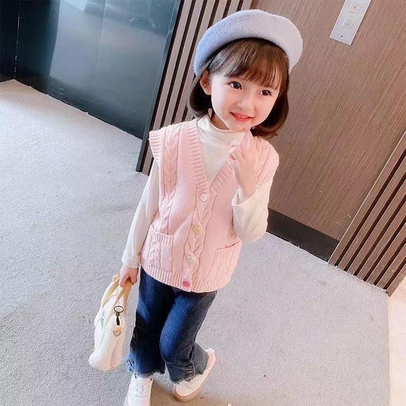 2022 autumn new children's girls color button sweater coat vest children's clothing