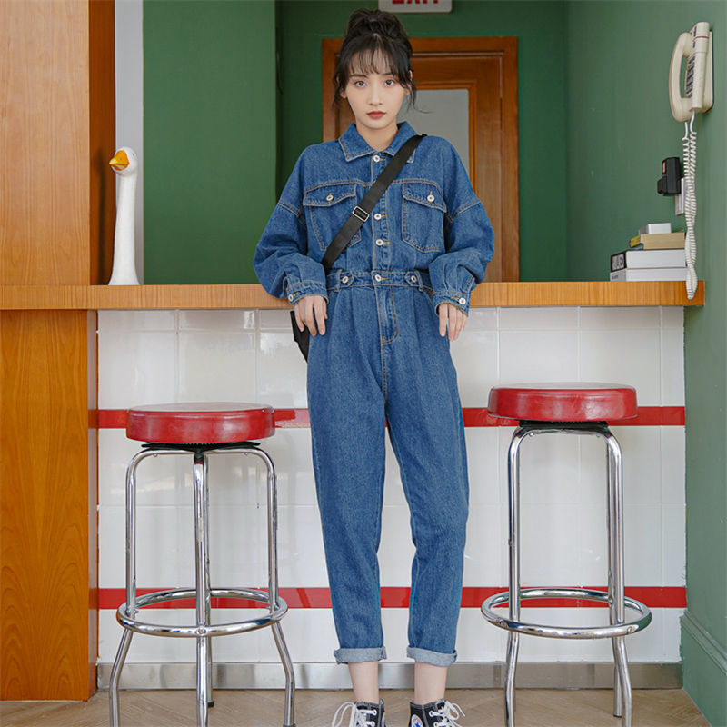 2023 spring, autumn and winter new workwear denim jumpsuit women's loose Korean version high waist nine-point straight pants trendy ins