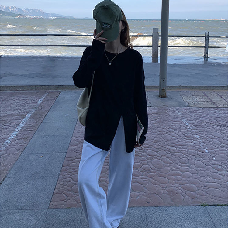 100%純棉設計感網紅同款開叉長袖T恤衛衣女裝春秋季寬鬆上衣ins潮