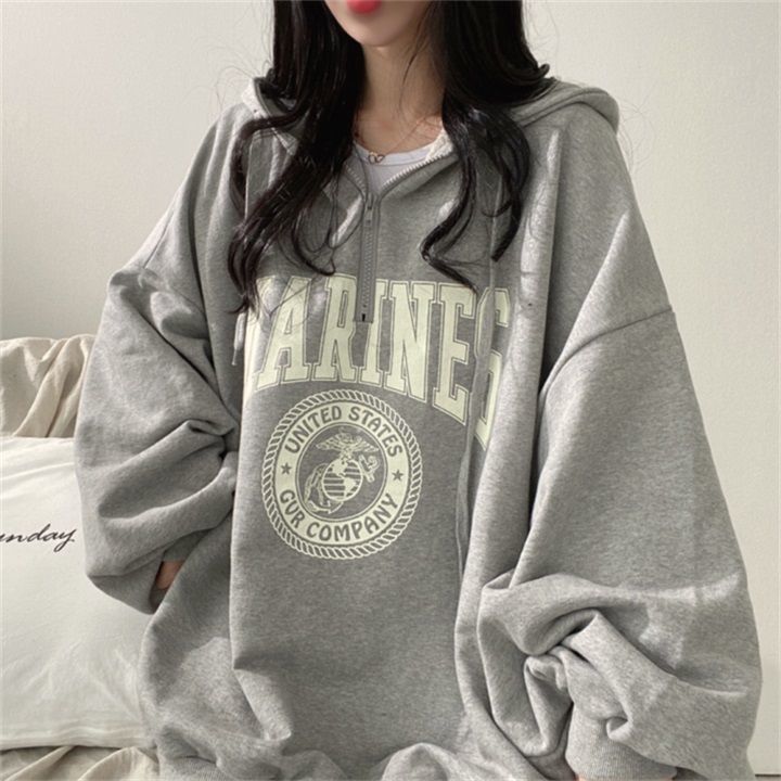 100% High end Zipper Hoodie Women's Spring and Autumn Thin Style Street Sports Loose Oversize Cotton Cute Sweet_voghion.com