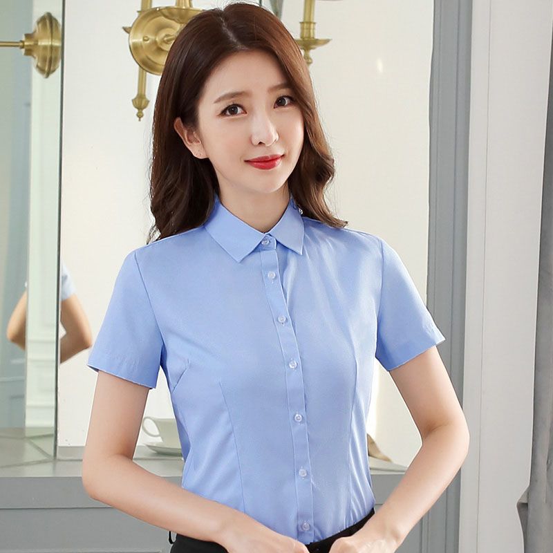 夏季蓝色衬衫女士短袖职业正装工装西装半袖白衬衣气质工作服面试