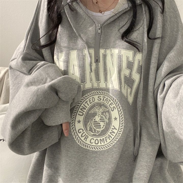 100% High end Zipper Hoodie Women's Spring and Autumn Thin Style Street Sports Loose Oversize Cotton Cute Sweet_voghion.com