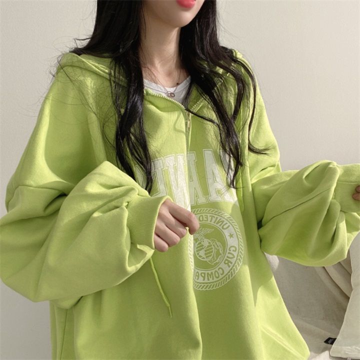 100% High end Zipper Hoodie Women's Spring and Autumn Thin Style Street Sports Loose Oversize Cotton Cute Sweet_voghion.com