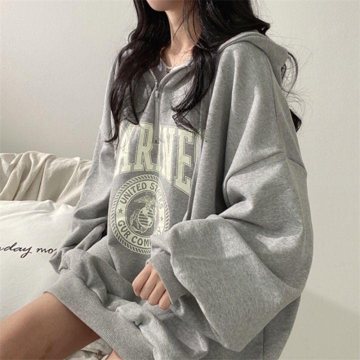 100% High end Zipper Hoodie Women's Spring and Autumn Thin Style Street Sports Loose Oversize Cotton Cute Sweet_voghion.com