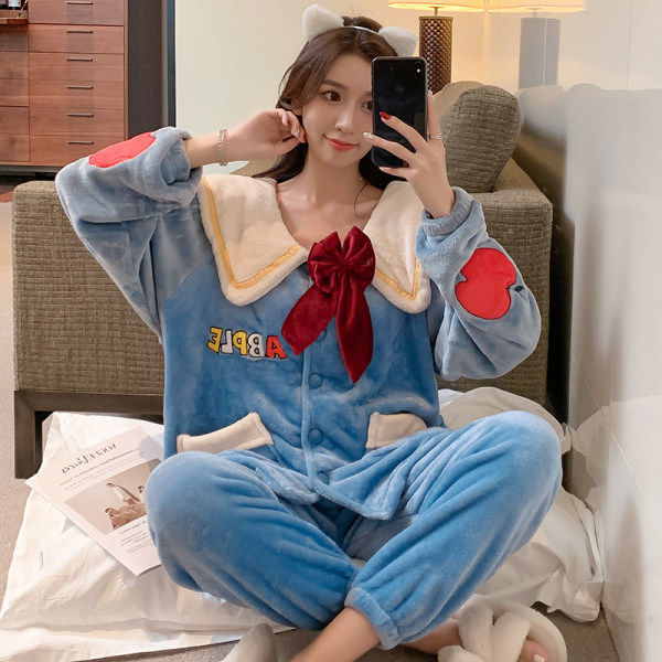 Thick flannel pajamas women's autumn and winter Korean version cute net red can wear coral fleece home service large size suit
