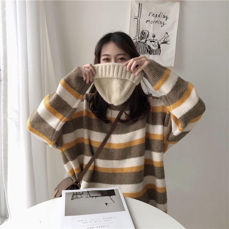 88566-秋冬新款慵懒风撞色条纹毛衣女学生韩版宽松百搭显瘦打底针织衫潮-详情图