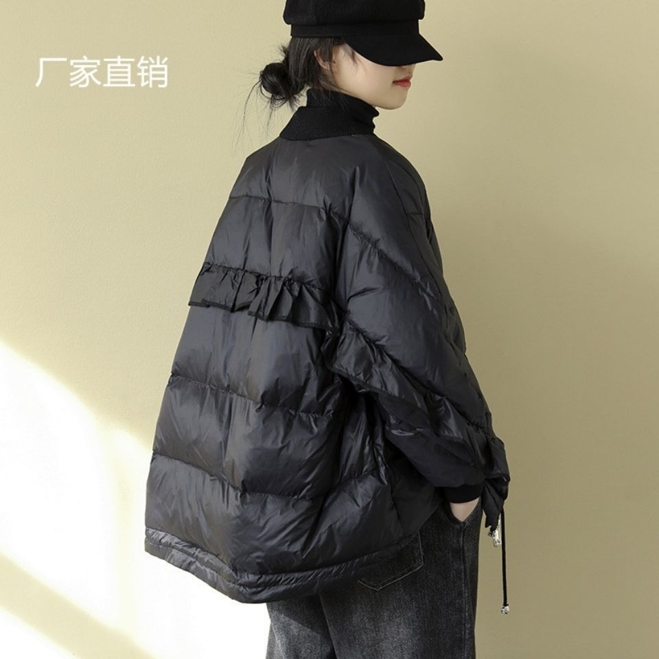 2021冬季新款宽松羽绒服女短款后背拼接荷叶边白鸭绒外套女