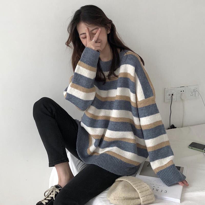 88566-秋冬新款慵懒风撞色条纹毛衣女学生韩版宽松百搭显瘦打底针织衫潮-详情图