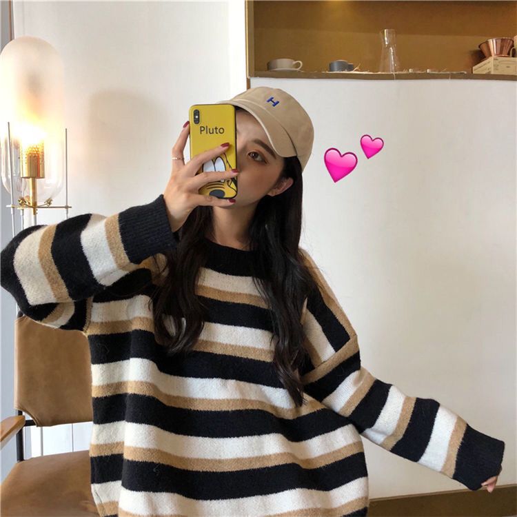 88566-秋冬新款慵懒风撞色条纹毛衣女学生韩版宽松百搭显瘦打底针织衫潮-详情图