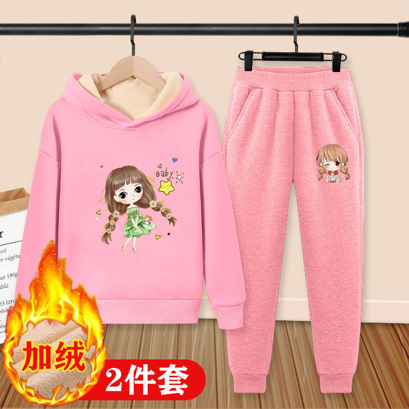 女童秋冬裝連帽衛衣套裝新款中大童洋氣時髦兒童加絨冬裝兩件套