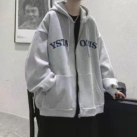 100%純棉男士連帽開衫拉鏈衛衣百搭潮流情侶裝秋冬季加絨帥氣外套