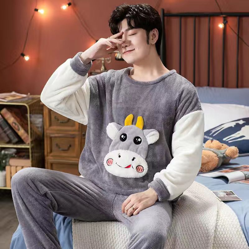 Autumn and winter pajamas men's coral fleece thickened plus velvet flannel large size teenager winter cartoon home service suit