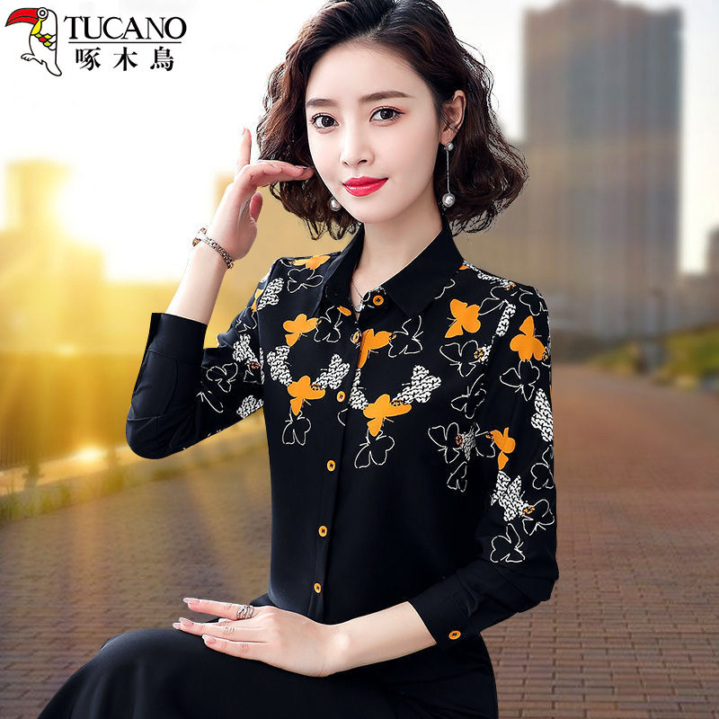 啄木鳥印花襯衫女長袖春季2023新款洋氣雪紡襯衣中年媽媽碎花上衣