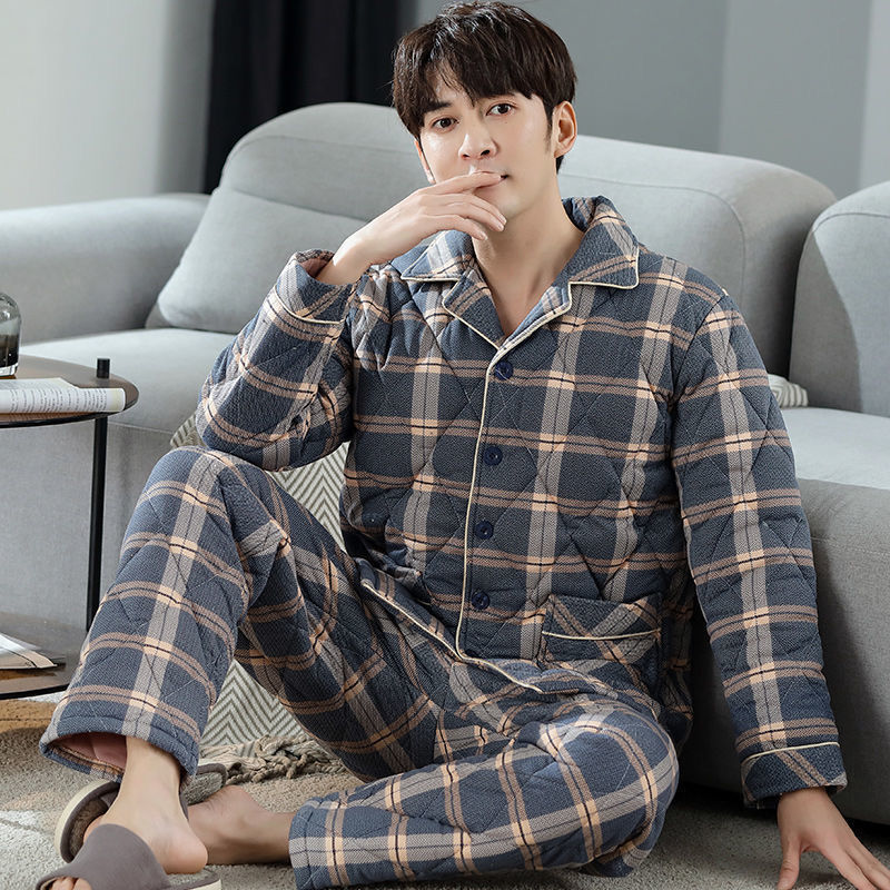 Winter three-layer thick cotton quilted pajamas men's fleece and cotton middle-aged and elderly dad autumn and winter home clothes